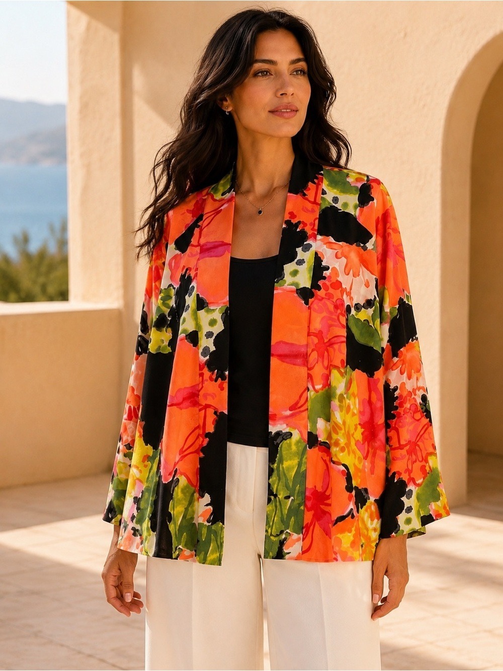 Natori M Watercolor Floral Open Jacket Bold Art Print Statement Layering Piece